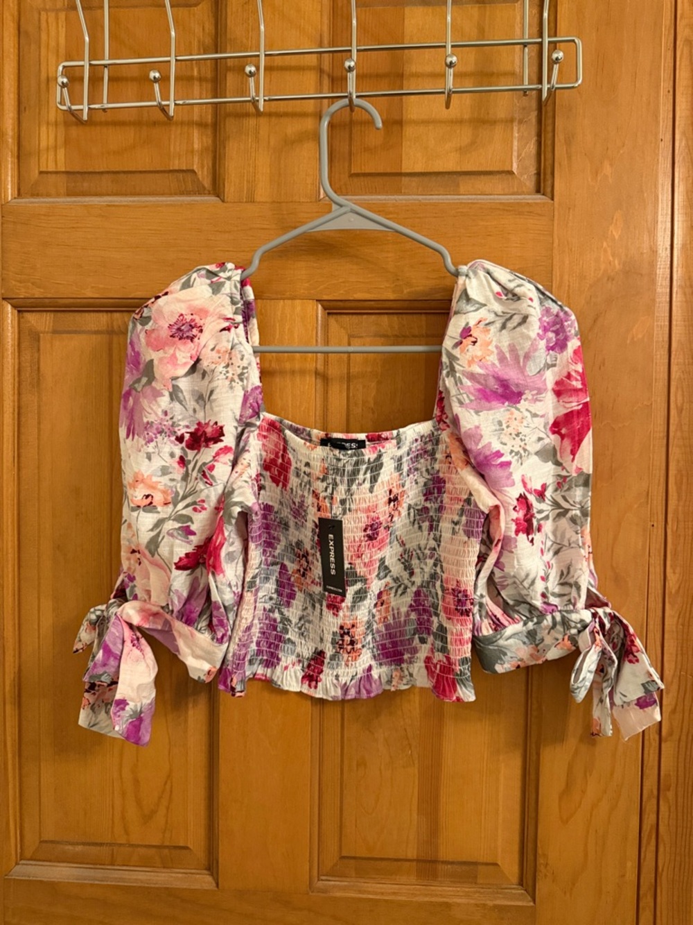 Express Floral Smocked Crop Top - Pink, Purple, Cream